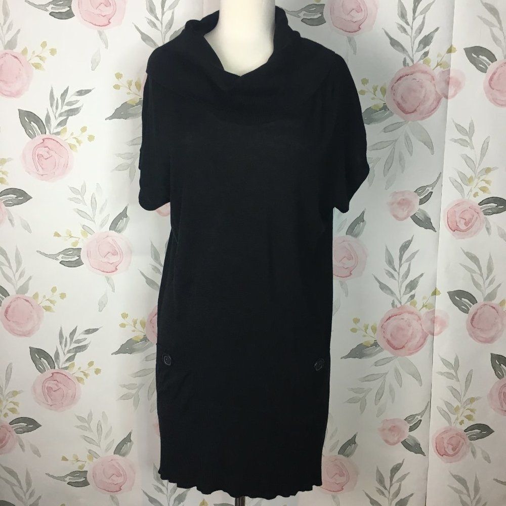 August Silk Black Knit Cowl Neck Sweater Dress womens XL Short Sleeve Stretch
